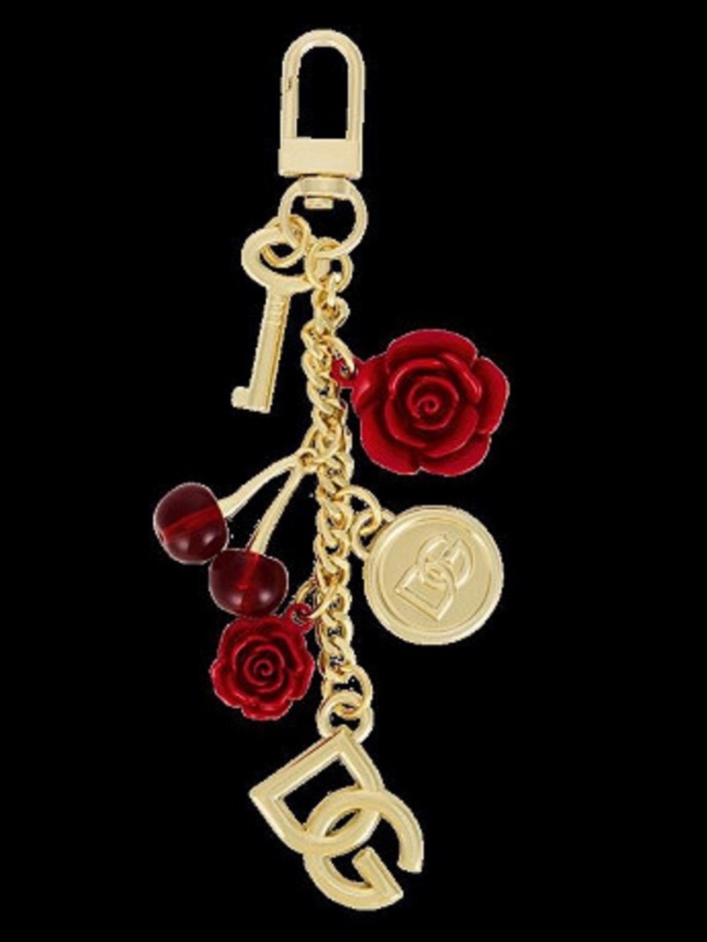 Dolce & Gabbana Golden Red Rose & Cherry Charm Keyring Key Chain New